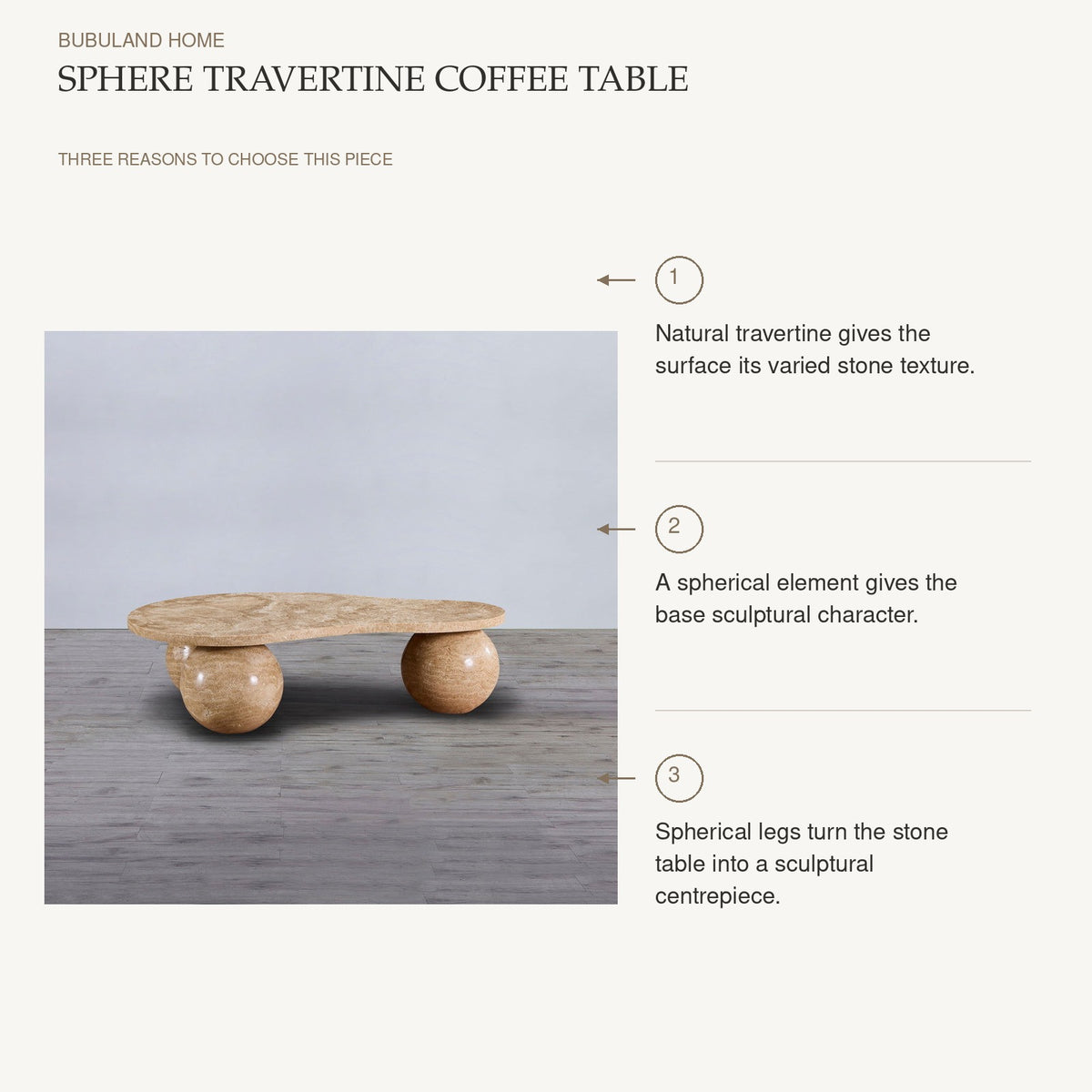 Sphere Travertine Coffee Table: Natural travertine gives the surface its varied stone texture. A spherical element gives the base sculptural character. Spherical legs turn the stone table into a sculptural centrepiece.