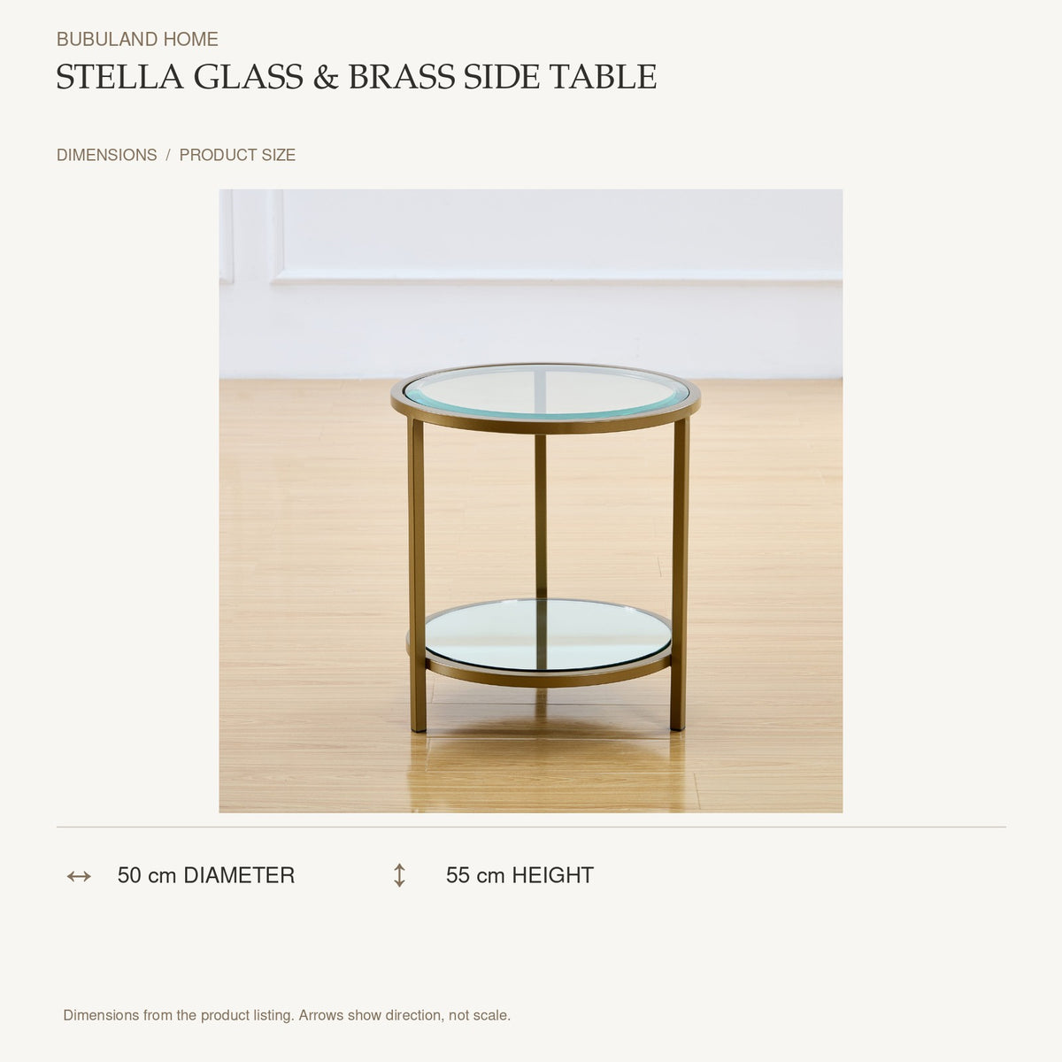 Stella Glass & Brass Side Table dimensions: 50 cm diameter, 55 cm height; depth is measured back to front