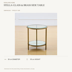 Stella Glass & Brass Side Table dimensions: 50 cm diameter, 55 cm height; depth is measured back to front