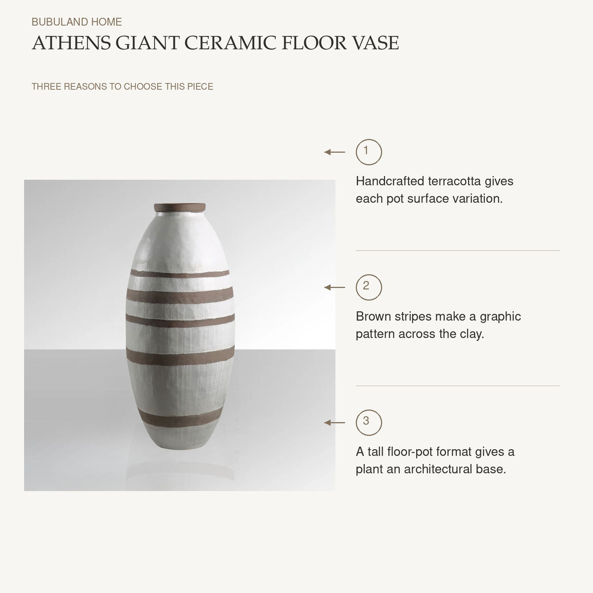 Athens Giant Ceramic Floor Vase: Handcrafted terracotta gives each pot surface variation. Brown stripes make a graphic pattern across the clay. A tall floor-pot format gives a plant an architectural base.