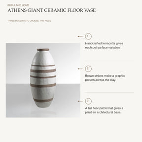 Athens Giant Ceramic Floor Vase: Handcrafted terracotta gives each pot surface variation. Brown stripes make a graphic pattern across the clay. A tall floor-pot format gives a plant an architectural base.