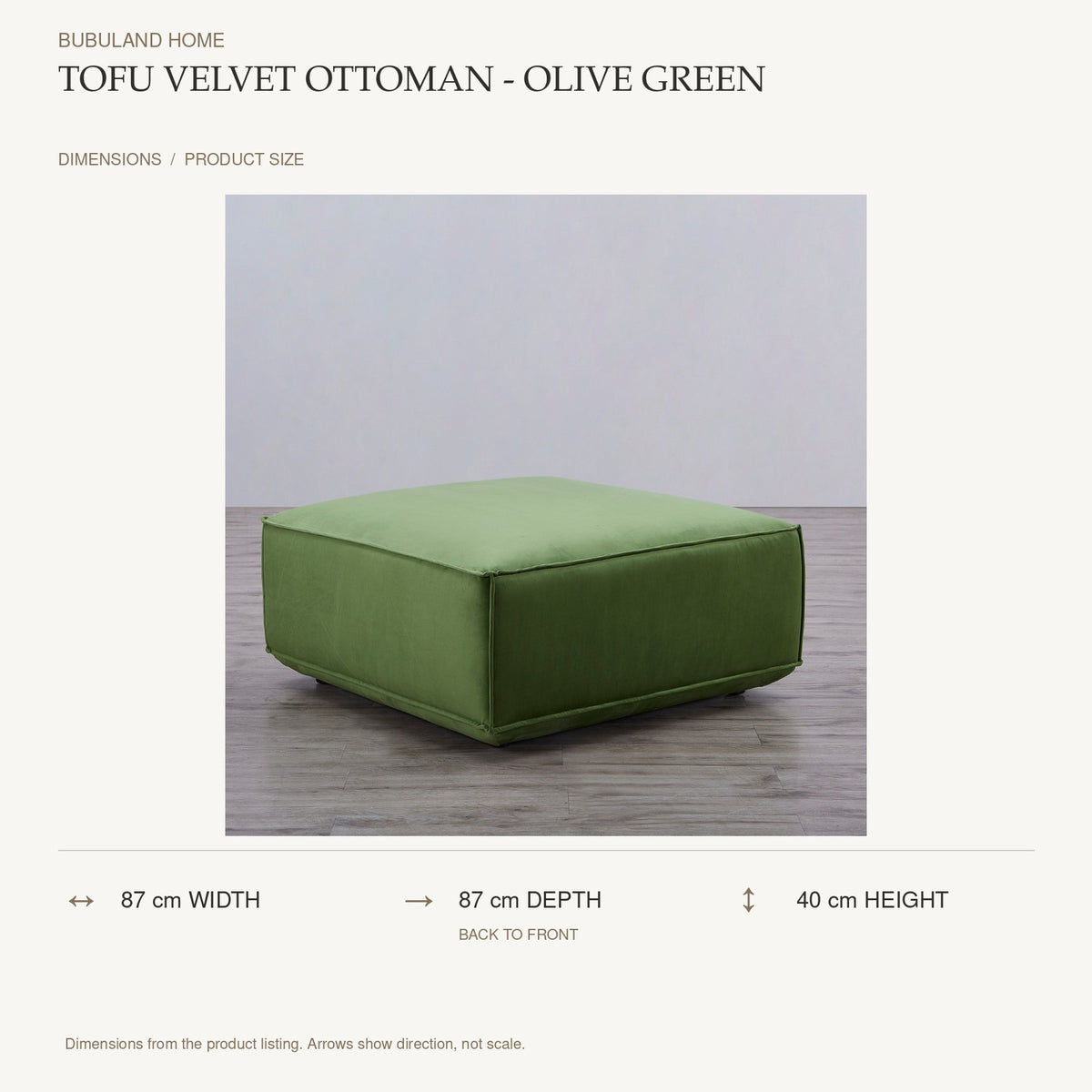 Tofu Velvet Ottoman - Olive Green dimensions: 87 cm width, 87 cm depth, 40 cm height; depth is measured back to front