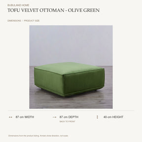 Tofu Velvet Ottoman - Olive Green dimensions: 87 cm width, 87 cm depth, 40 cm height; depth is measured back to front