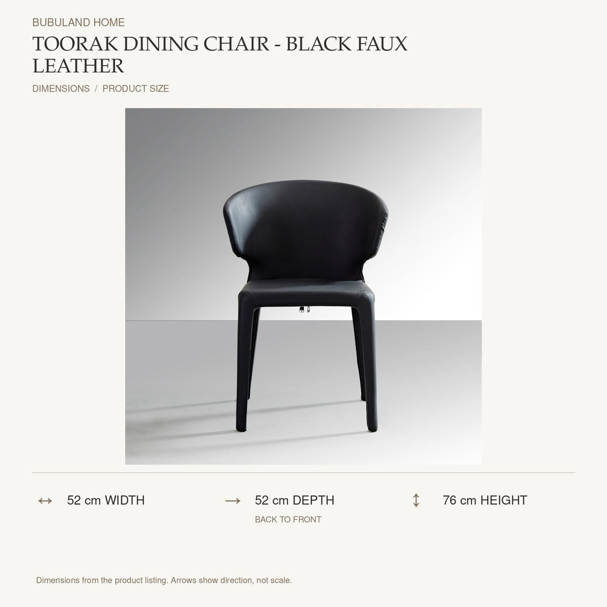 Toorak Dining Chair - Black Faux Leather dimensions: 52 cm width, 52 cm depth, 76 cm height; depth is measured back to front