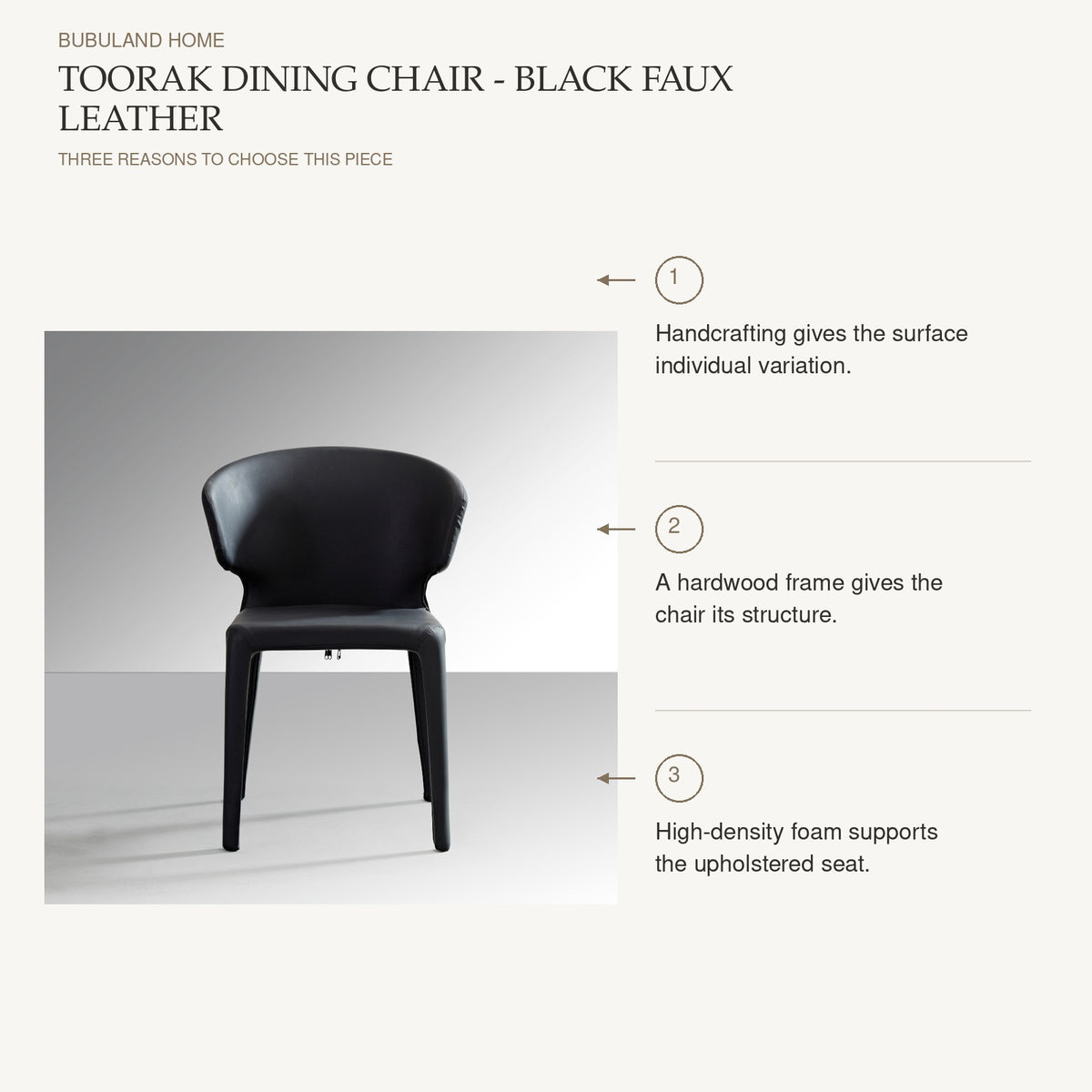 Toorak Dining Chair - Black Faux Leather: Handcrafting gives the surface individual variation. A hardwood frame gives the chair its structure. High-density foam supports the upholstered seat.