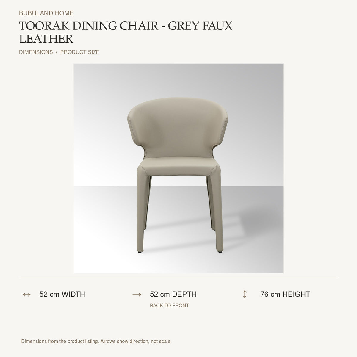 Toorak Dining Chair - Grey Faux Leather dimensions: 52 cm width, 52 cm depth, 76 cm height; depth is measured back to front