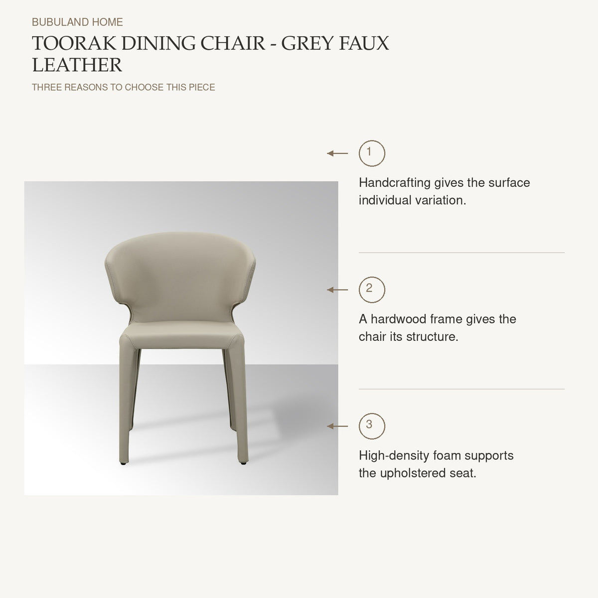 Toorak Dining Chair - Grey Faux Leather: Handcrafting gives the surface individual variation. A hardwood frame gives the chair its structure. High-density foam supports the upholstered seat.