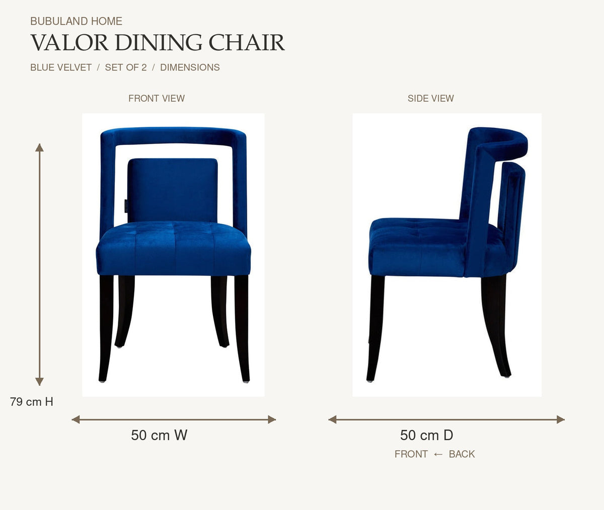 Valor Blue Velvet Dining Chair | Set of 2 dimensions per chair: 50 cm width and 79 cm height on front view; 50 cm depth measured back to front on left-facing side view