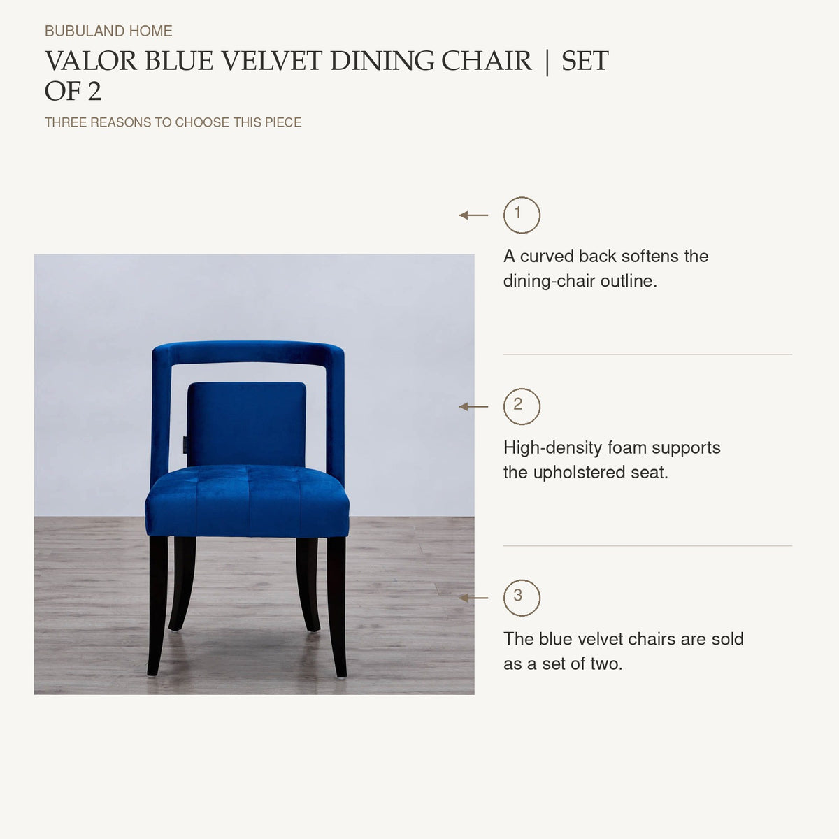 Valor Blue Velvet Dining Chair | Set of 2: A curved back softens the dining-chair outline. High-density foam supports the upholstered seat. The blue velvet chairs are sold as a set of two.