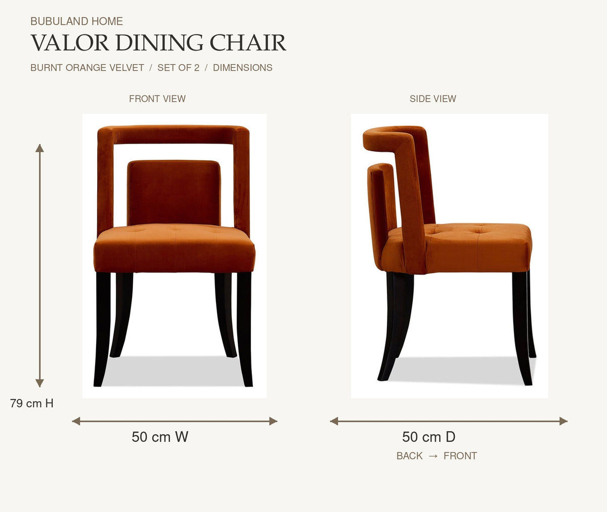 Valor Burnt Orange Dining Chair | Set of 2 dimensions per chair: 50 cm width and 79 cm height on front view; 50 cm depth measured back to front
