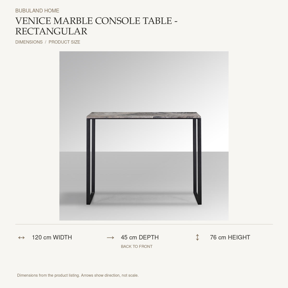Venice Marble Console Table - Rectangular dimensions: 120 cm width, 45 cm depth, 76 cm height; depth is measured back to front