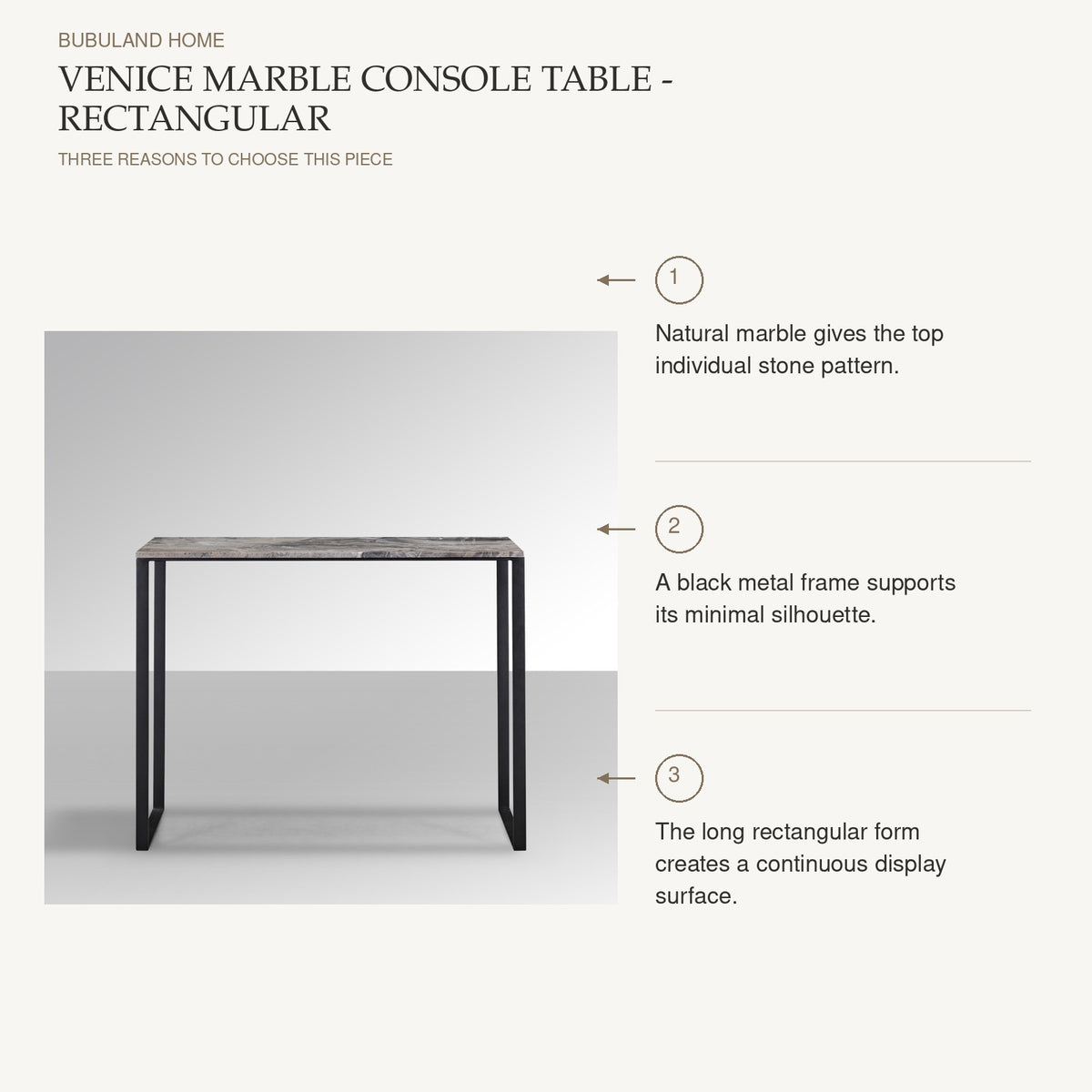 Venice Marble Console Table - Rectangular: Natural marble gives the top individual stone pattern. A black metal frame supports its minimal silhouette. The long rectangular form creates a continuous display surface.