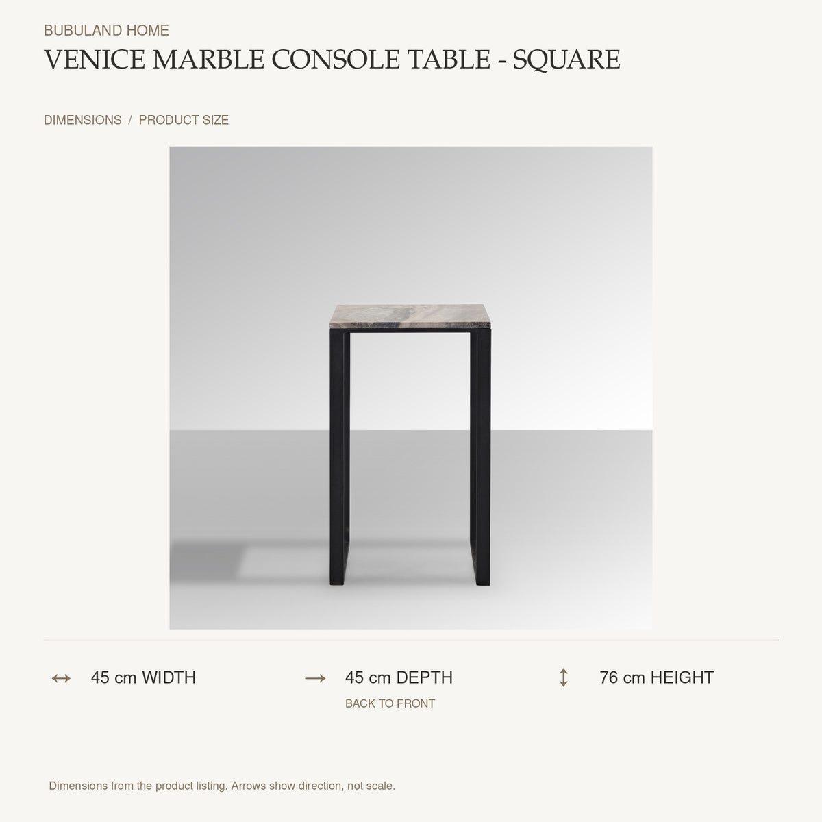 Venice Marble Console Table - Square dimensions: 45 cm width, 45 cm depth, 76 cm height; depth is measured back to front