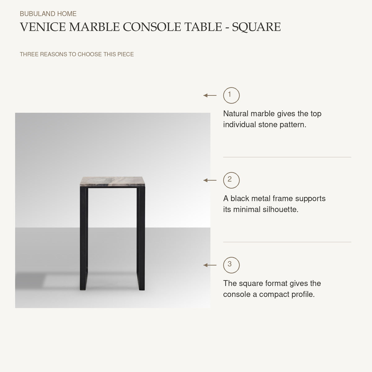 Venice Marble Console Table - Square: Natural marble gives the top individual stone pattern. A black metal frame supports its minimal silhouette. The square format gives the console a compact profile.