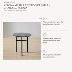 Verona Marble Coffee/Side Table - Charcoal Round: The rounded shape gives the piece its visual character. Natural marble makes the pattern individual to each piece. Steel legs contrast with the natural stone top.