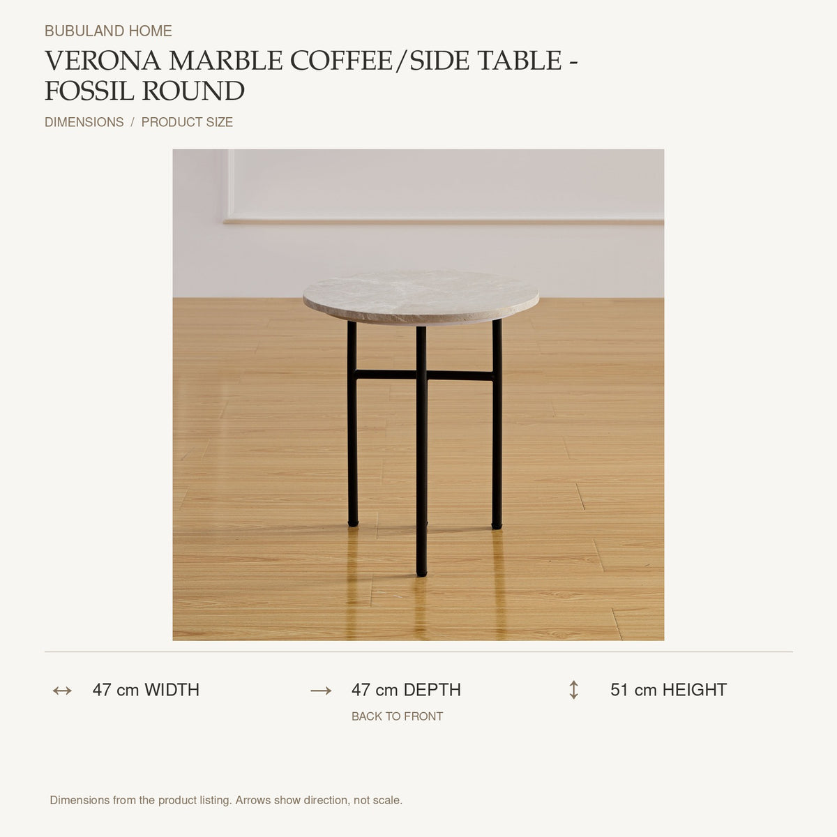 Verona Marble Coffee/Side Table - Fossil Round dimensions: 47 cm width, 47 cm depth, 51 cm height; depth is measured back to front