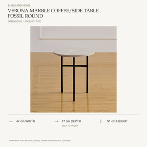 Verona Marble Coffee/Side Table - Fossil Round dimensions: 47 cm width, 47 cm depth, 51 cm height; depth is measured back to front