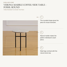 Verona Marble Coffee/Side Table - Fossil Round: The rounded shape gives the piece its visual character. Natural marble makes the pattern individual to each piece. Steel legs contrast with the natural stone top.