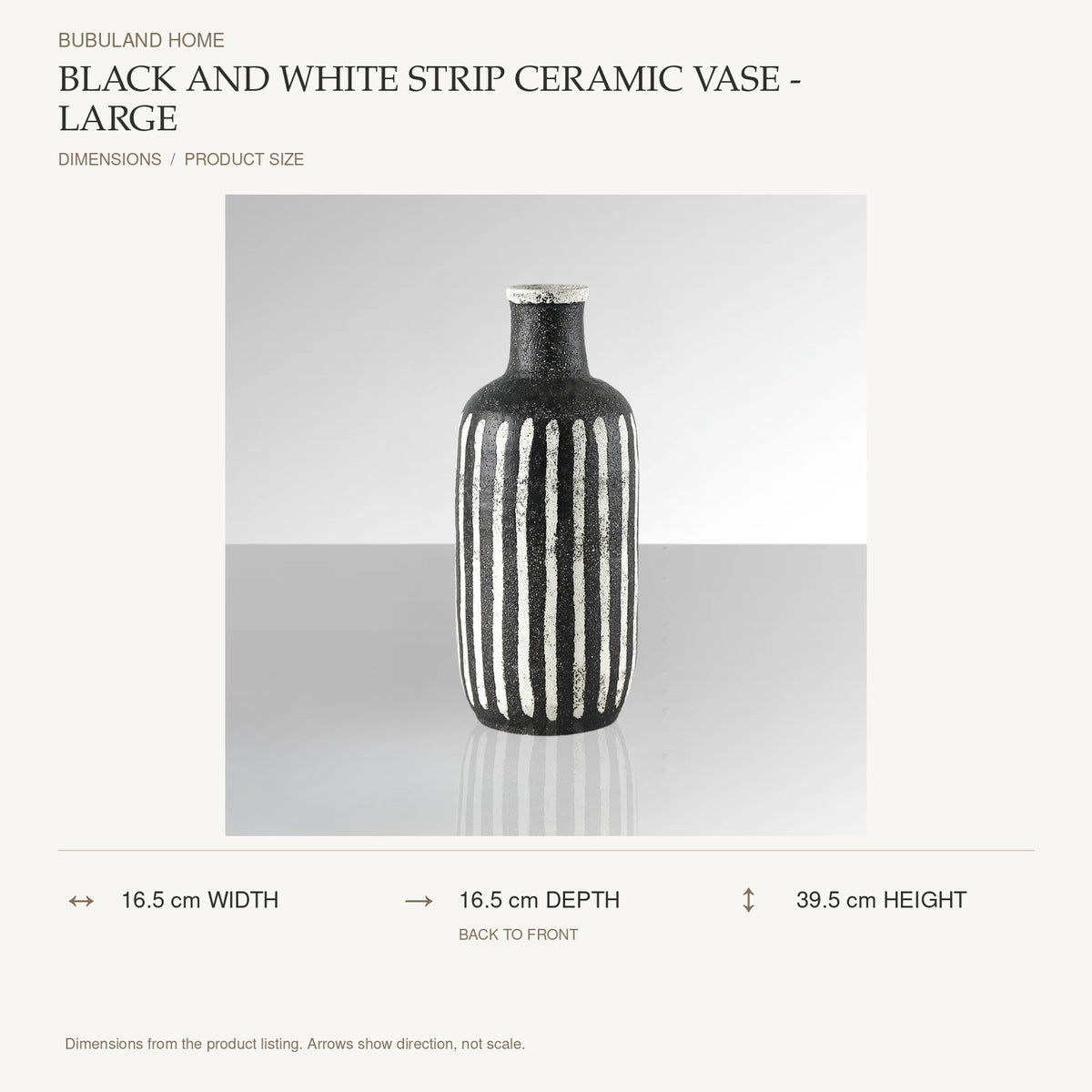 Black and White Strip Ceramic Vase - Large dimensions: 16.5 cm width, 16.5 cm depth, 39.5 cm height; depth is measured back to front