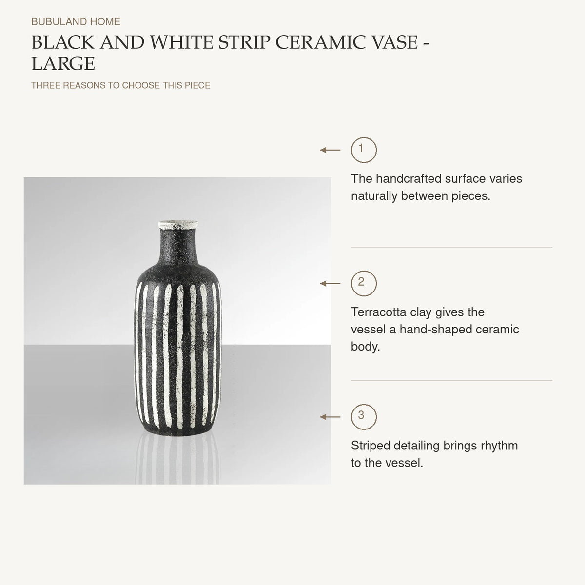 Black and White Strip Ceramic Vase - Large: The handcrafted surface varies naturally between pieces. Terracotta clay gives the vessel a hand-shaped ceramic body. Striped detailing brings rhythm to the vessel.