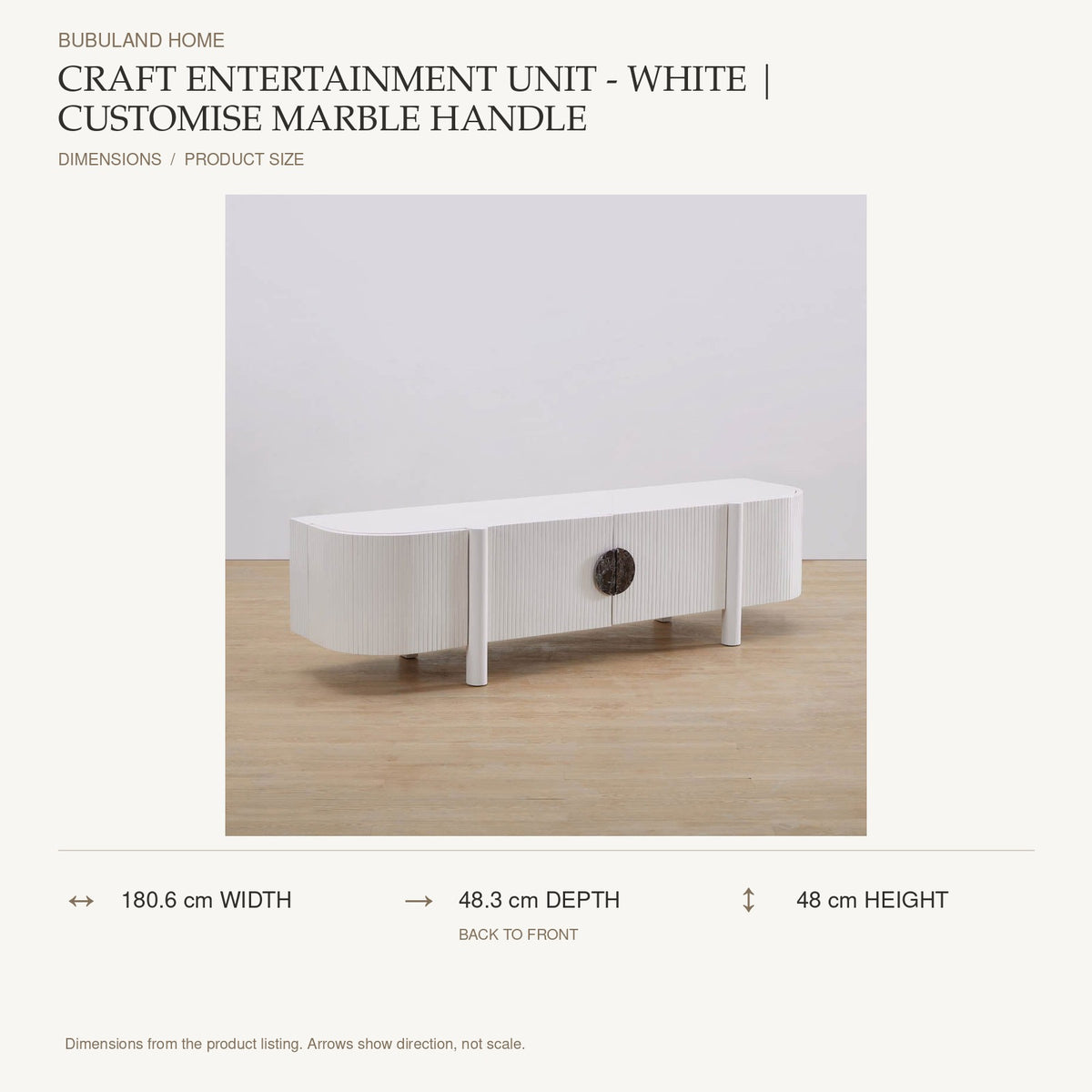 Craft Entertainment Unit - White | Customise Marble Handle dimensions: 180.6 cm width, 48.3 cm depth, 48 cm height; depth is measured back to front
