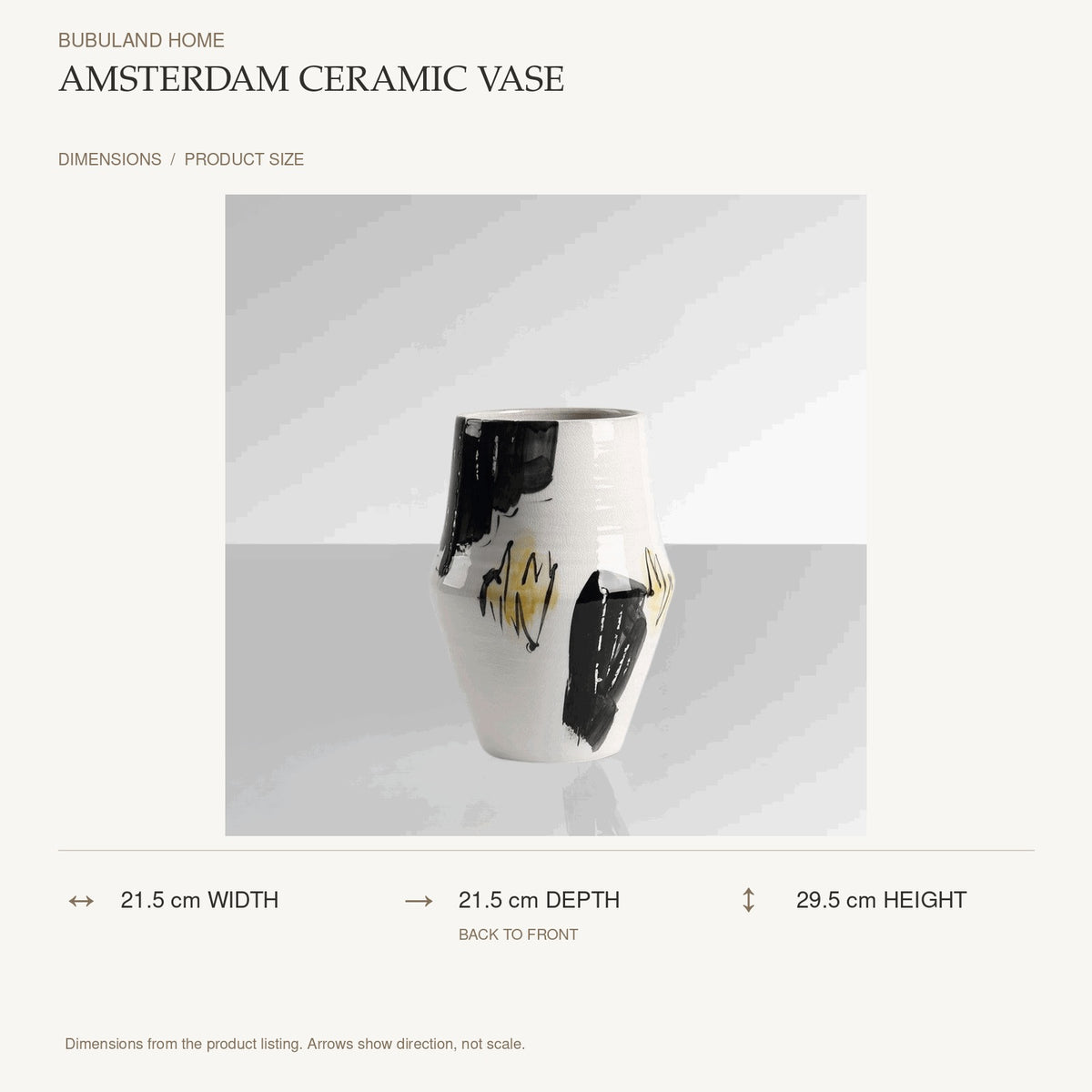 Amsterdam Ceramic Vase dimensions: 21.5 cm width, 21.5 cm depth, 29.5 cm height; depth is measured back to front