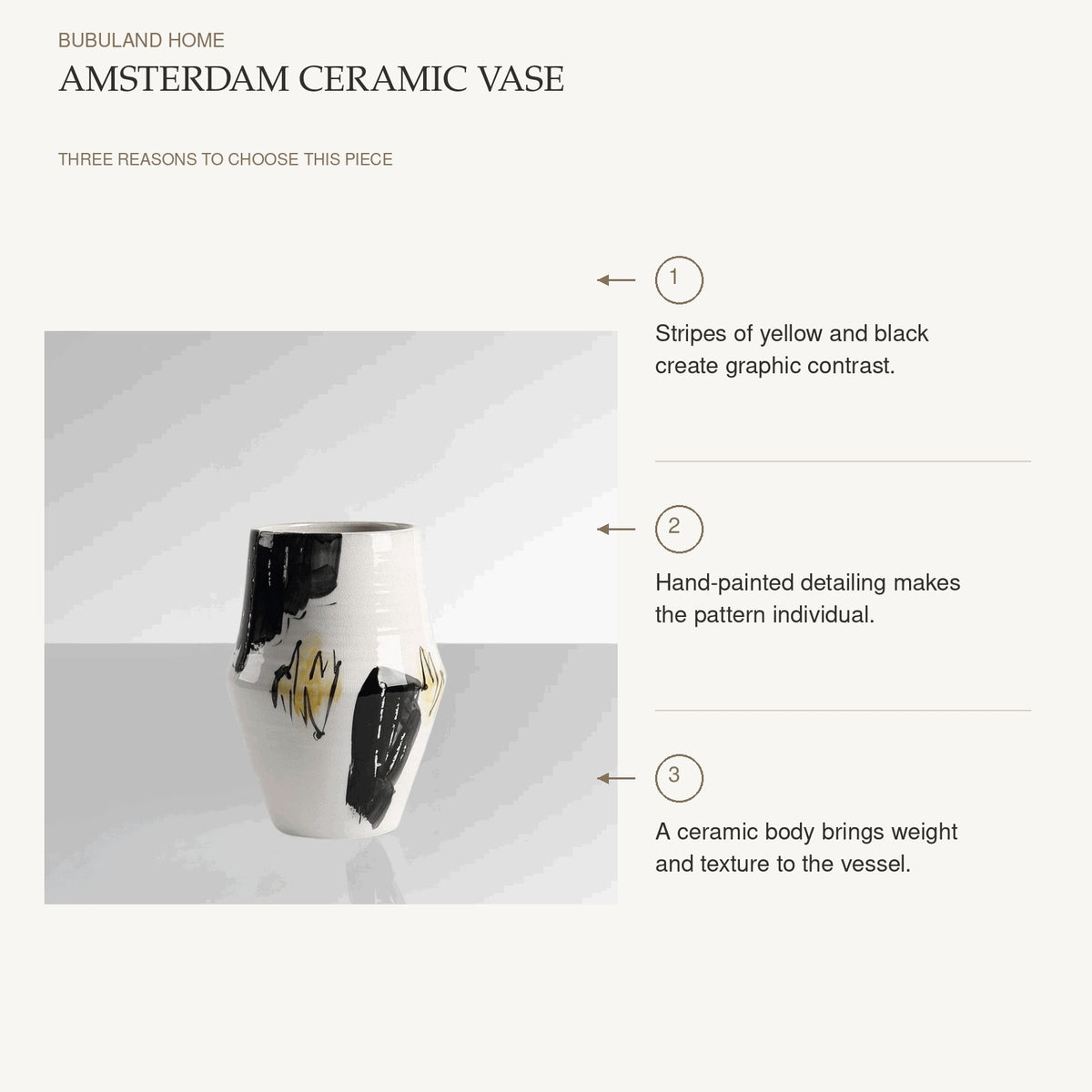Amsterdam Ceramic Vase: Stripes of yellow and black create graphic contrast. Hand-painted detailing makes the pattern individual. A ceramic body brings weight and texture to the vessel.