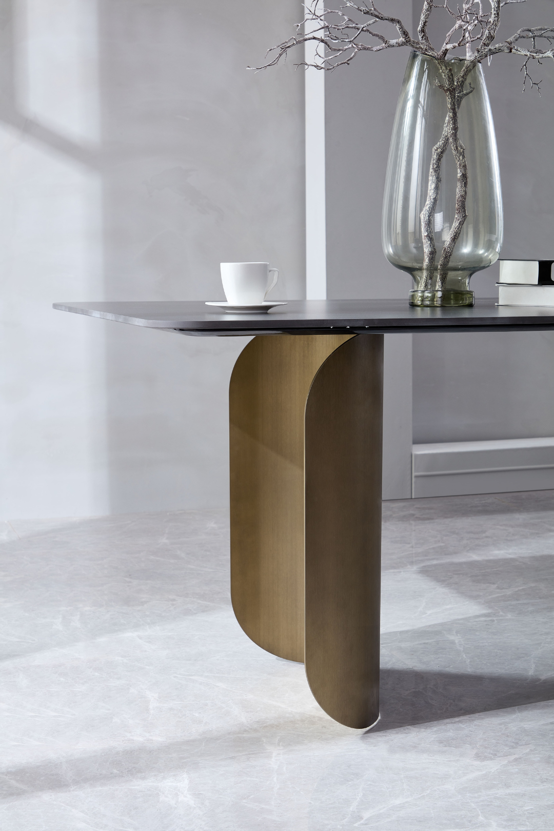 Pierre Sintered Stone & Brass Dining Table - Grey & Brass - BUBULAND HOME